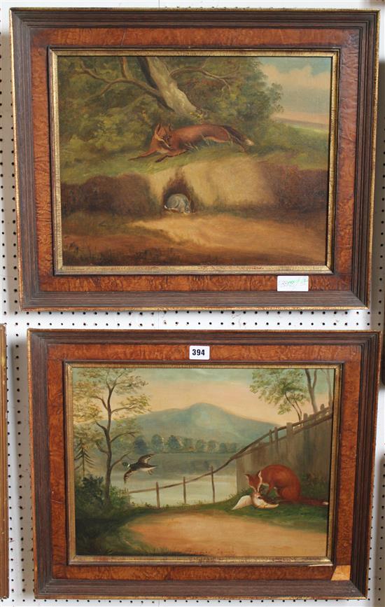 Late 19th century English School, oils on canvas, Primitive scenes, foxes with fowl and a rabbit, a pair